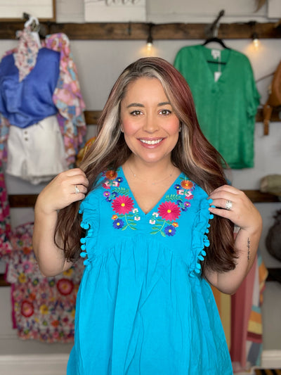 THE LOLA EMBROIDERED TOP (Turquoise)