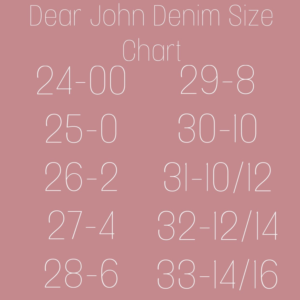 Dear John Denim Size Chart-Ruby & Pearl Boutique