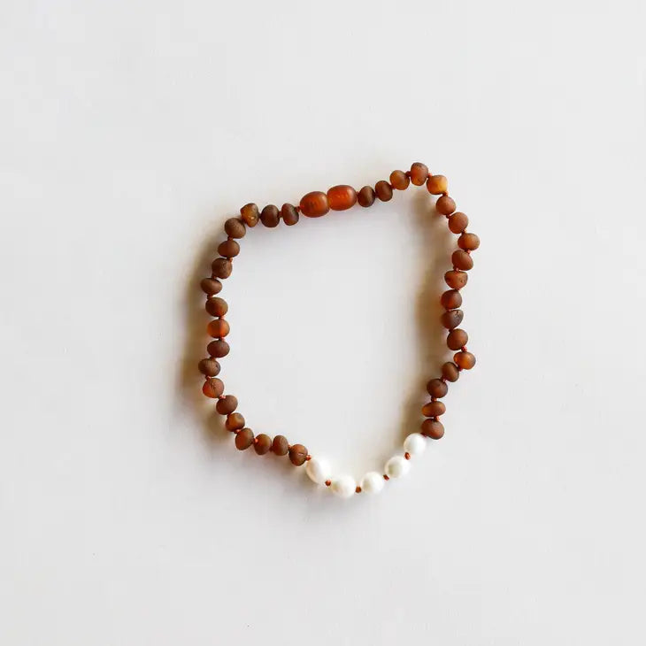 Raw Cognac Amber + Pearl Necklace